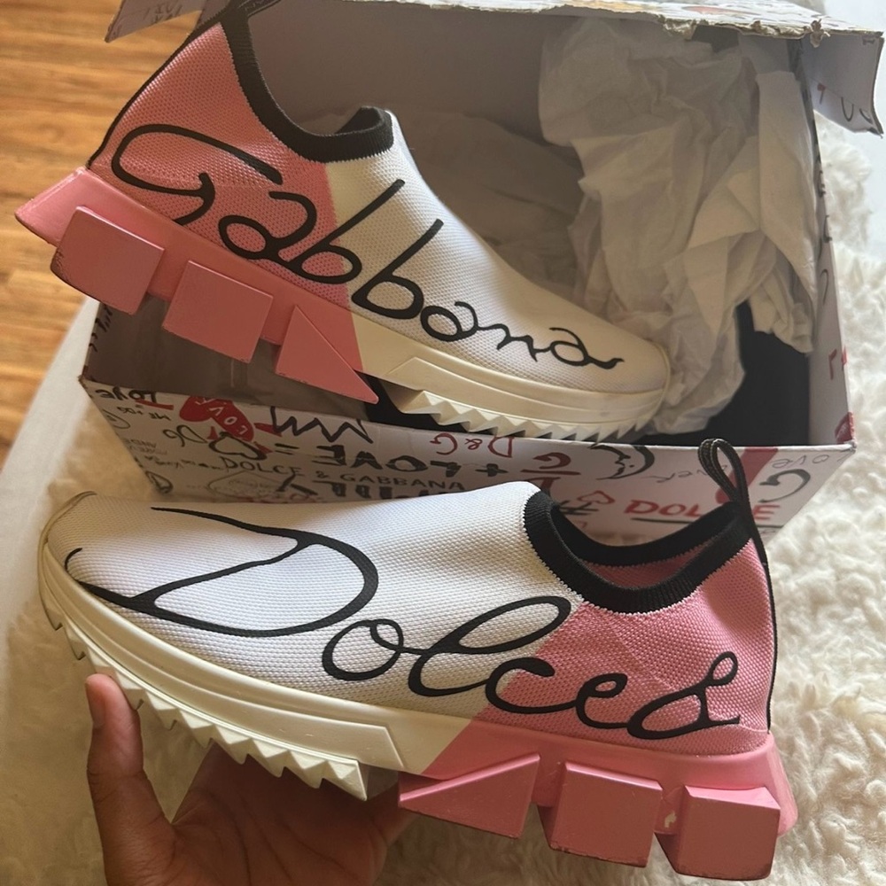 Dolce & Gabbana Pink and White Slip-On Sneakers